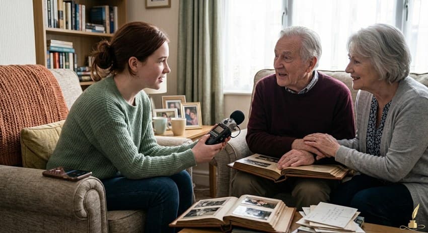 A grandchild gently talking with grandparents at home while recording family stories.