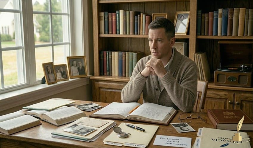 A person reflecting on life memories while preparing to write their autobiography.