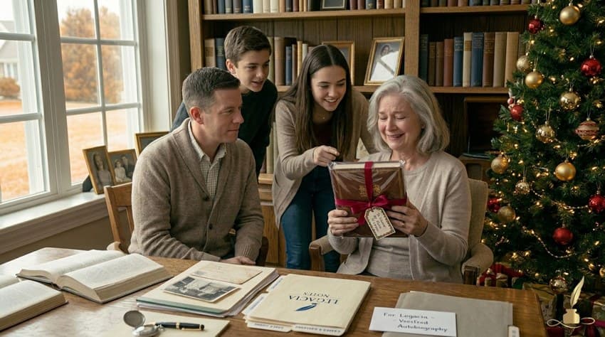 A family sharing memories around a Christmas gift that preserves a life story.